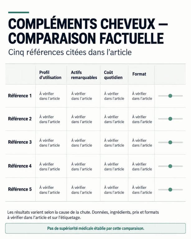 Infographie comparative sur le meilleur complément cheveux selon les actifs, le format et le coût quotidien