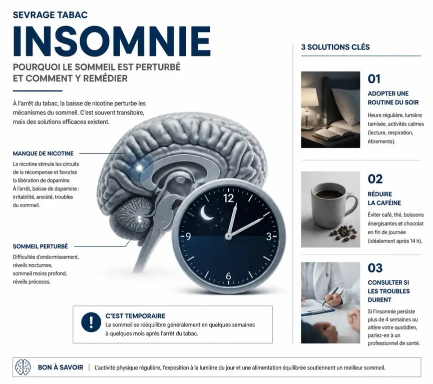 Sevrage tabac insomnie : infographie sur le manque de nicotine, le sommeil perturbé et les solutions pour mieux dormir