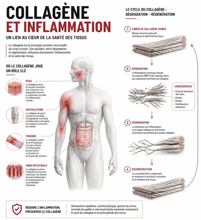Schéma du lien entre collagène et inflammation dans les articulations, la peau et l'intestin