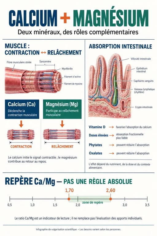 Calcium et magnésium : rôles dans l’organisme, absorption et repères du ratio Ca/Mg