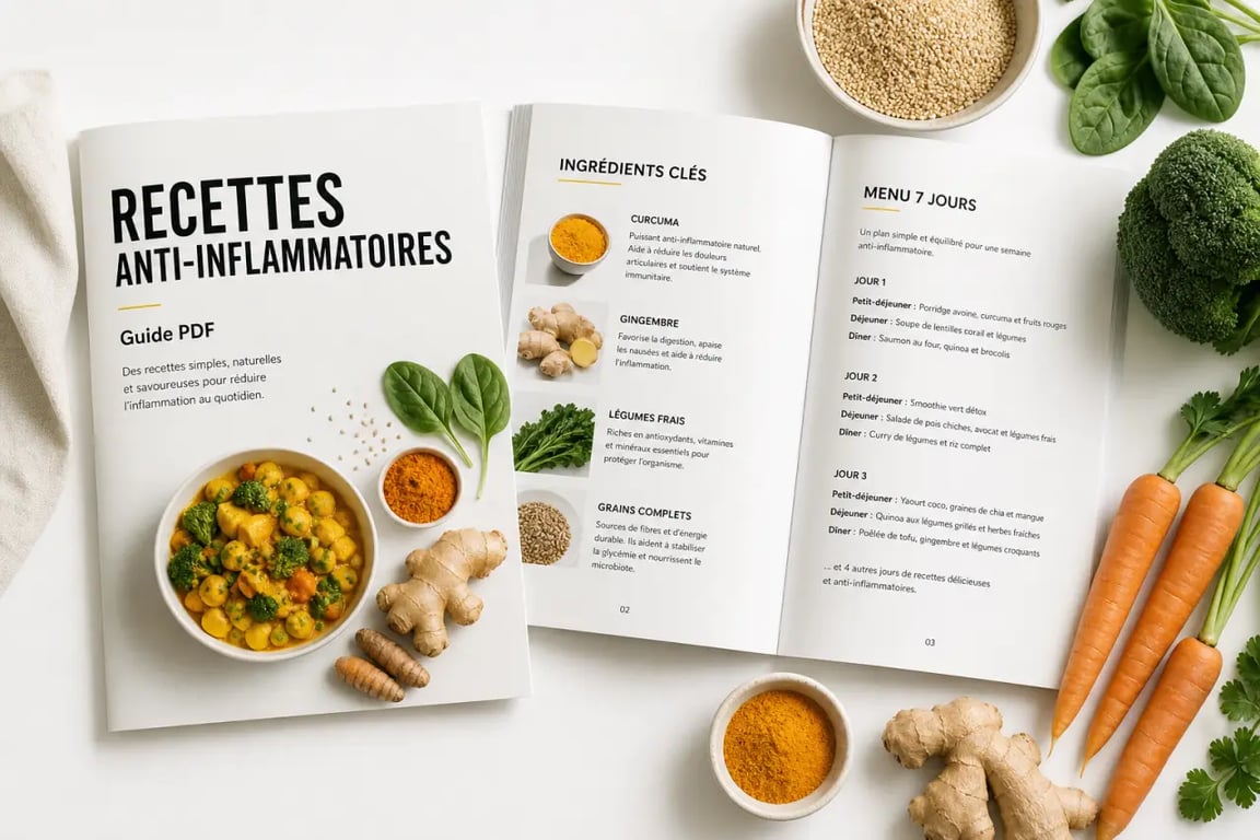 Aperçu du 120 recettes anti-inflammatoire pdf gratuit sous forme de recueil ouvert avec pages de recettes et ingrédients frais