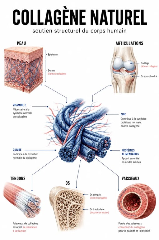 Infographie sur le collagene naturel et ses rôles dans la peau, les articulations et les tissus