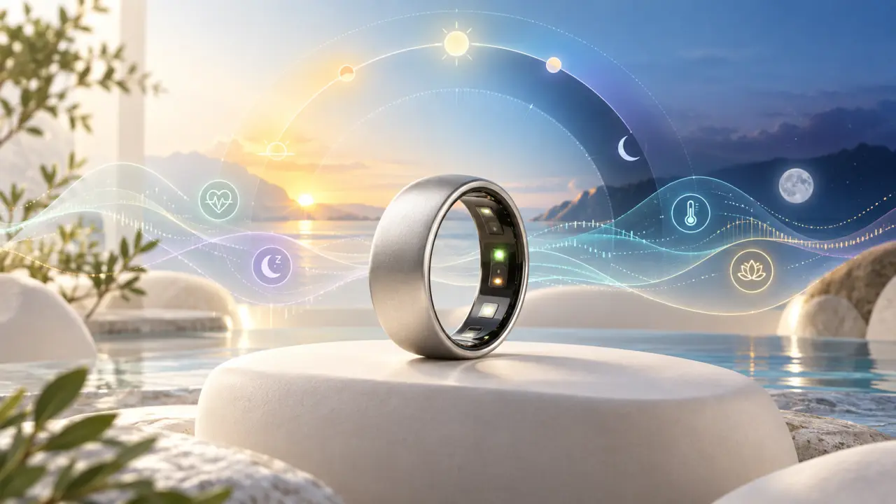Anneau biométrique connecté entouré d’ondes lumineuses représentant les rythmes biologiques