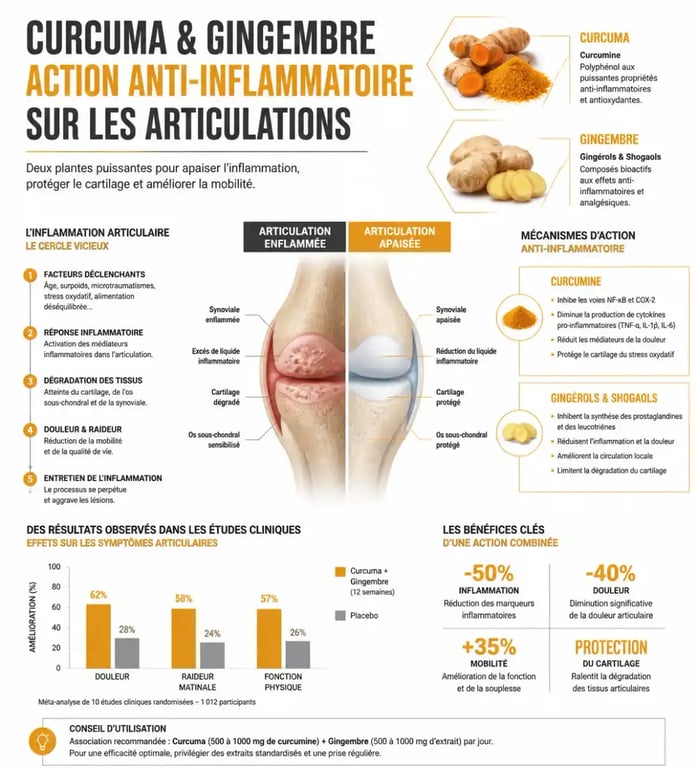 Schéma des bienfaits anti-inflammatoires du curcuma et du gingembre