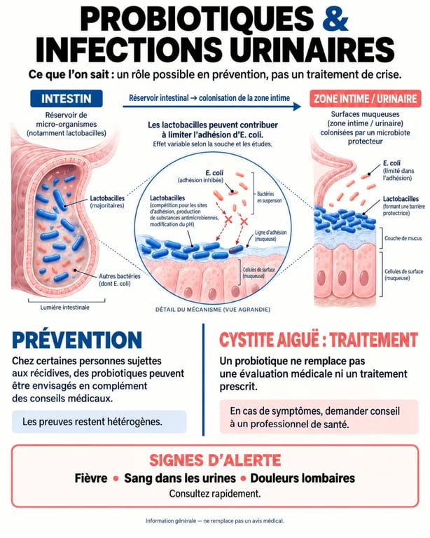 Infographie sur le probiotique pour infection urinaire, le rôle des lactobacilles et les signes d’alerte