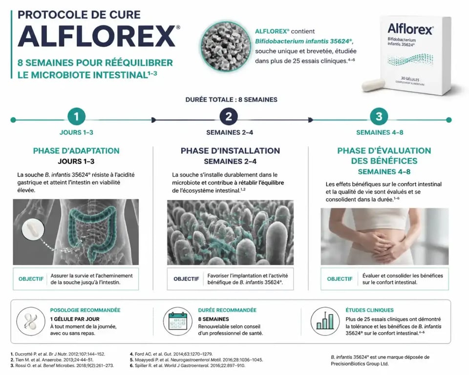 Timeline du protocole de cure Alflorex pour le syndrome de l'intestin irritable