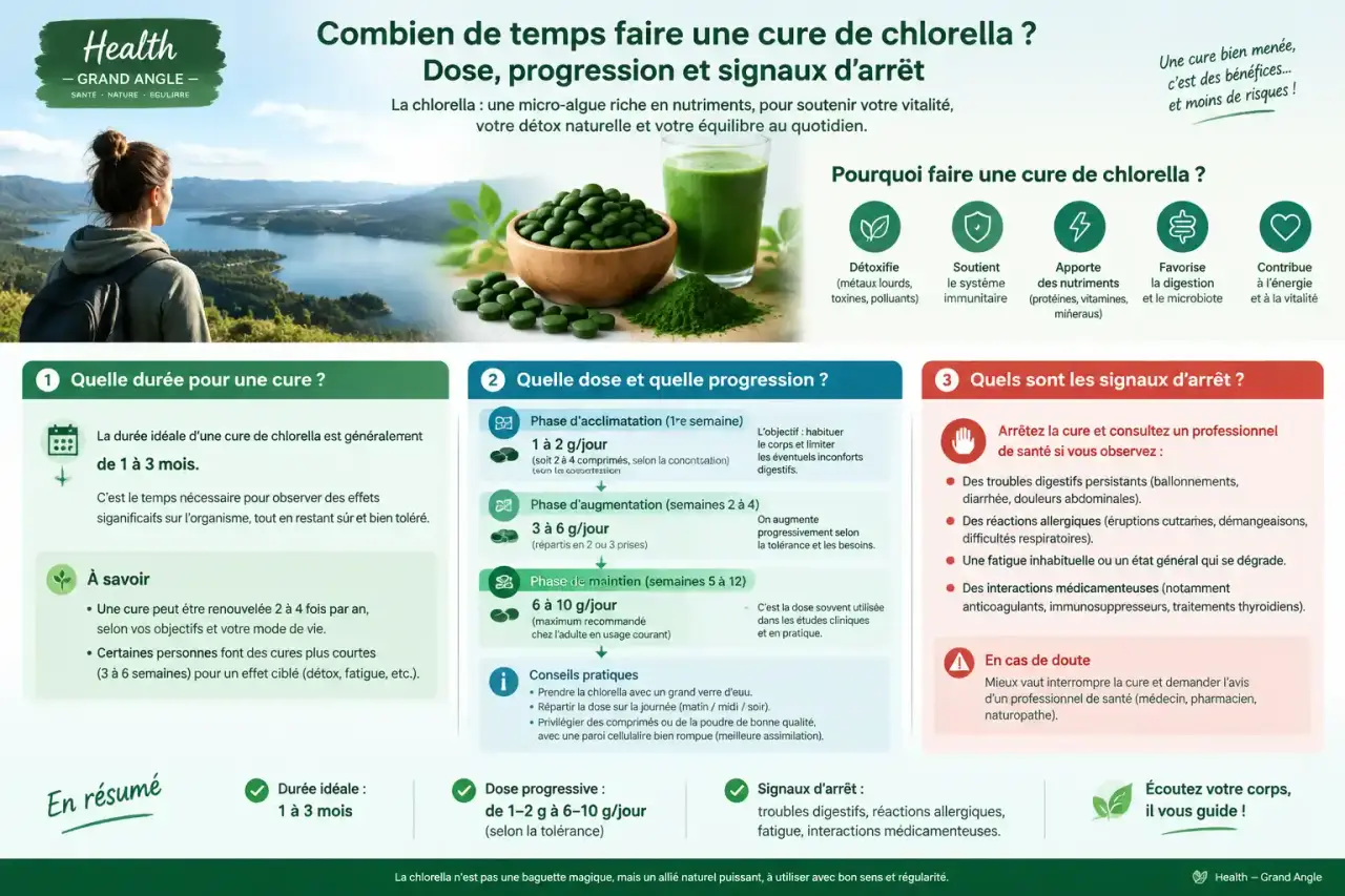 Combien de temps faire une cure de chlorella ? Dose, progression et signaux d’arrêt