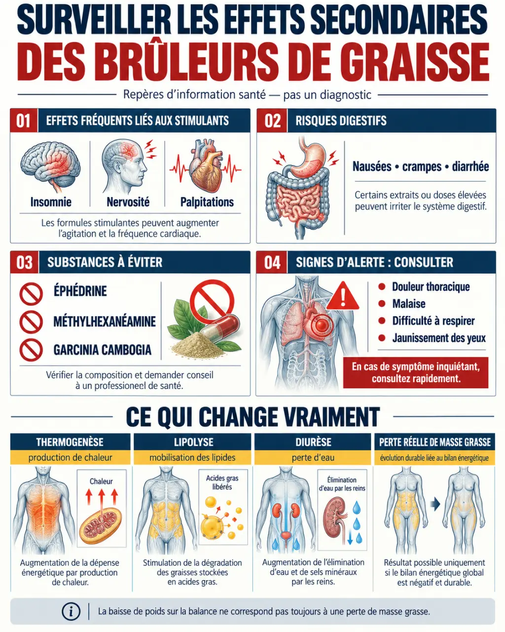 Infographie sur les effets secondaires d’un brûleur de graisse, les actifs à risque et les signes d’alerte