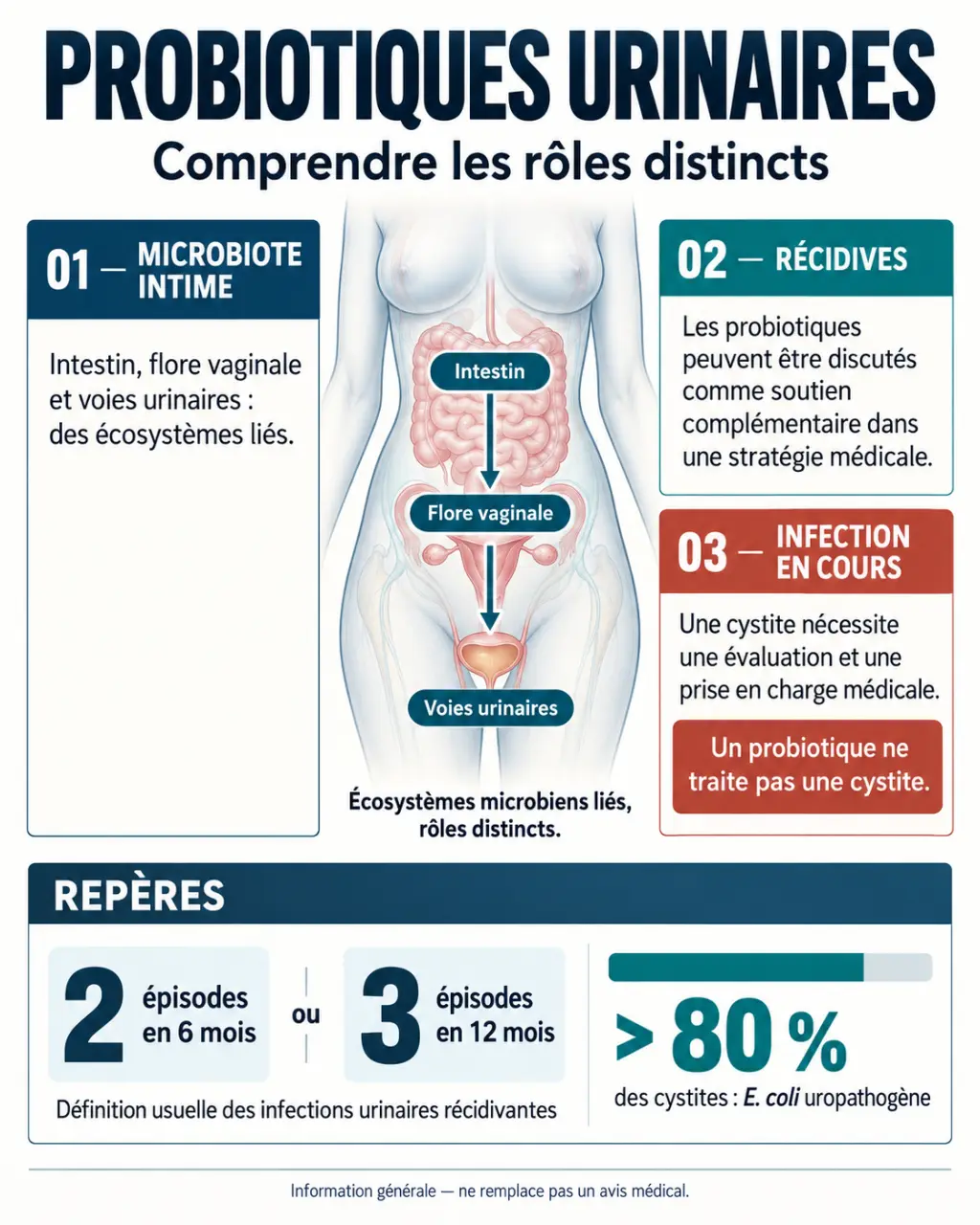 Infographie sur le probiotique urinaire, le microbiote intime et la prévention des récidives
