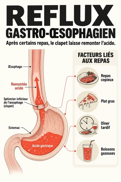 Schéma du reflux gastrique et des aliments pouvant favoriser les remontées acides