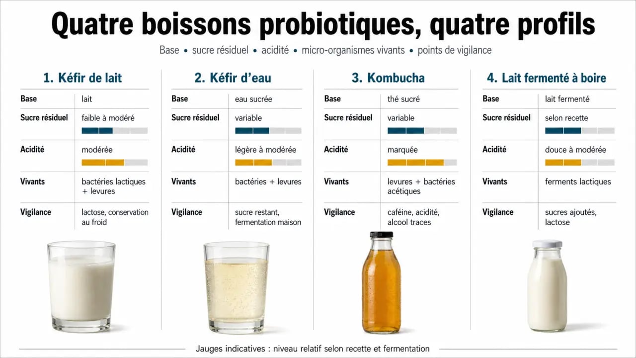 Comparatif des boissons probiotiques avec kéfir de lait, kéfir d’eau, kombucha et lait fermenté à boire